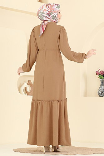 moda selvim Önü Fırfır Detaylı Elbise PL9225 Latte - Thumbnail