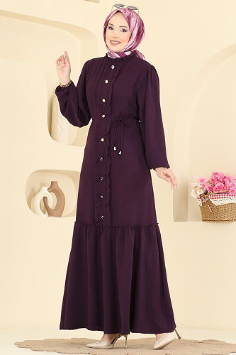 moda selvim Önü Fırfır Detaylı Elbise PL9225 Mürdüm - Thumbnail