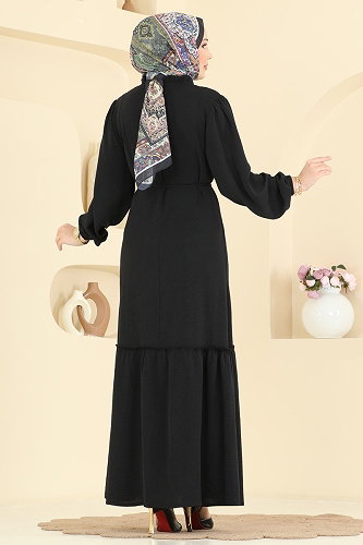 moda selvim Önü Fırfır Detaylı Elbise PL9225 Siyah - Thumbnail