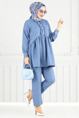 MRV T.G.E. - Önü Fırfırlı Keten Takım 6093TGE913-M Mavi