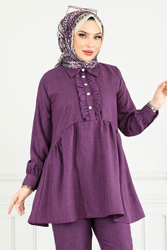 moda selvim Önü Fırfırlı Keten Takım 6093TGE913-M Mor - Thumbnail