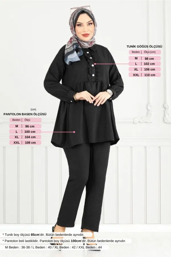 Modaselvim SEPETTE NET %20+%20 İNDİRİM Önü Fırfırlı Keten Takım 6093TGE913-M Siyah