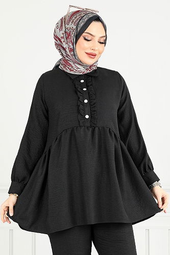 moda selvim Önü Fırfırlı Keten Takım 6093TGE913-M Siyah - Thumbnail