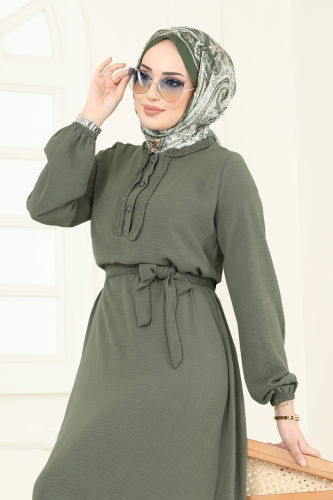 moda selvim Önü Fırfırlı Tesettür Elbise 1259BM387 Haki - Thumbnail
