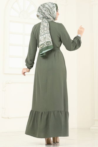 moda selvim Önü Fırfırlı Tesettür Elbise 1259BM387 Haki - Thumbnail