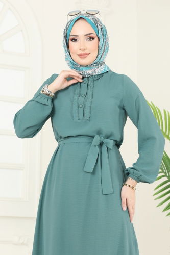 moda selvim Önü Fırfırlı Tesettür Elbise 1259BM387 Mint - Thumbnail