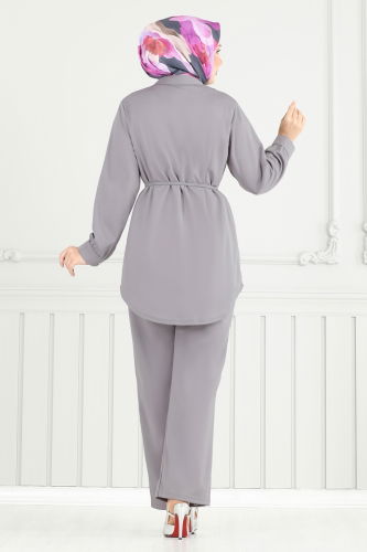 moda selvim Önü Fırfırlı Tesettür Takım 2709AYD574 Gri - Thumbnail
