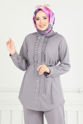 moda selvim Önü Fırfırlı Tesettür Takım 2709AYD574 Gri - Thumbnail