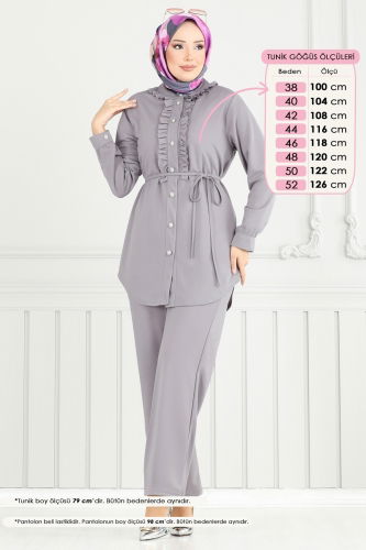 moda selvim Önü Fırfırlı Tesettür Takım 2709AYD574 Gri - Thumbnail