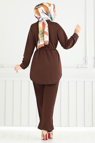 moda selvim Önü Fırfırlı Tesettür Takım 2709AYD574 Kahve - Thumbnail