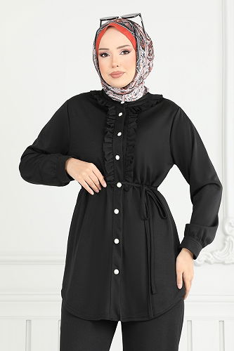 moda selvim Önü Fırfırlı Tesettür Takım 2709AYD574 Siyah - Thumbnail