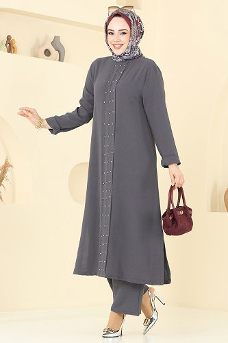 moda selvim Önü İncili Tesettür Takım 3101HBS856 Antrasit - Thumbnail