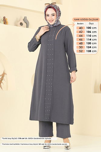 moda selvim Önü İncili Tesettür Takım 3101HBS856 Antrasit - Thumbnail