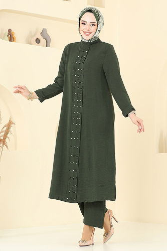 moda selvim Önü İncili Tesettür Takım 3101HBS856 Haki - Thumbnail