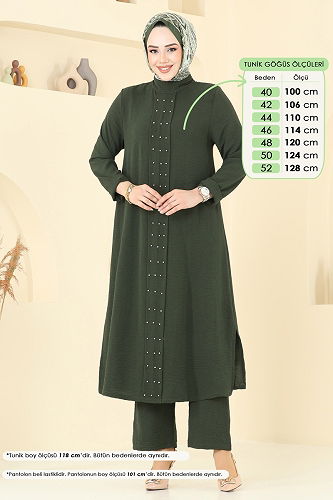 moda selvim Önü İncili Tesettür Takım 3101HBS856 Haki - Thumbnail