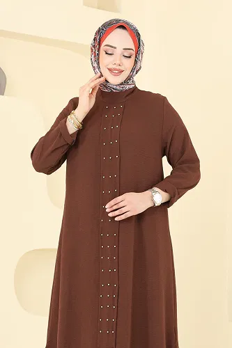 moda selvim Önü İncili Tesettür Takım 3101HBS856 Kahve - Thumbnail
