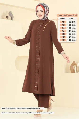moda selvim Önü İncili Tesettür Takım 3101HBS856 Kahve - Thumbnail