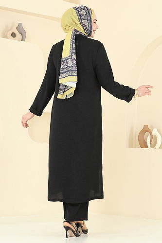 moda selvim Önü İncili Tesettür Takım 3101HBS856 Siyah - Thumbnail