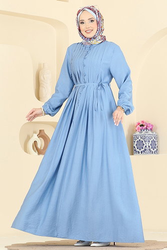 moda selvim Önü Nervürlü Dokuma Elbise 320ASN888 Bebe Mavisi - Thumbnail