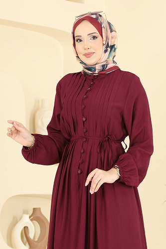 moda selvim Önü Nervürlü Dokuma Elbise 320ASN888 Bordo - Thumbnail