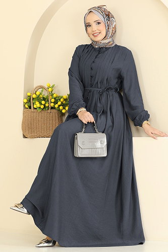 moda selvim Önü Nervürlü Dokuma Elbise 320ASN888 Füme - Thumbnail