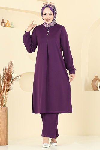 moda selvim Önü Pile Detaylı Takım 457DVL817 Mor - Thumbnail