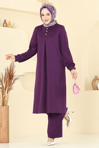 moda selvim Önü Pile Detaylı Takım 457DVL817 Mor - Thumbnail