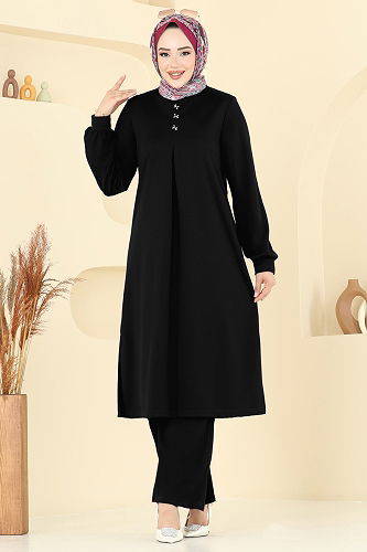 moda selvim Önü Pile Detaylı Takım 457DVL817 Siyah - Thumbnail