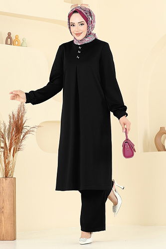 moda selvim Önü Pile Detaylı Takım 457DVL817 Siyah - Thumbnail