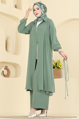 moda selvim Önü Pileli 2 li Takım 3457TRT545 Çağla - Thumbnail