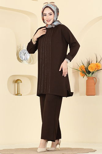 moda selvim Önü Simli Modal Takım 2782AYD574 Kahve - Thumbnail