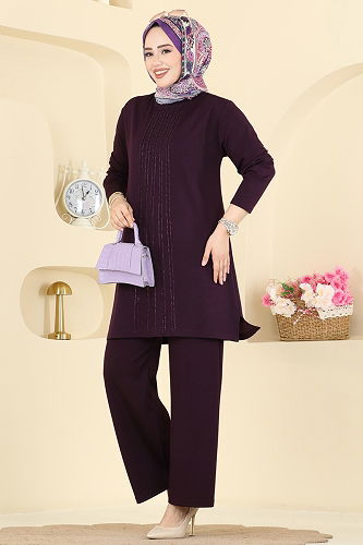 moda selvim Önü Simli Modal Takım 2782AYD574 Mürdüm - Thumbnail
