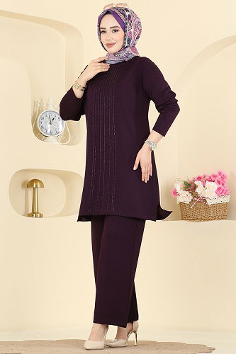 moda selvim Önü Simli Modal Takım 2782AYD574 Mürdüm - Thumbnail