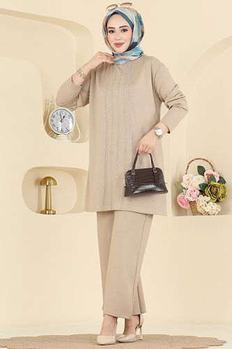 moda selvim Önü Simli Modal Takım 2782AYD574 Taş - Thumbnail