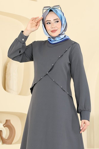 moda selvim Önü Taş Detaylı Dabıl Elbise 24036UKB139 Antrasit - Thumbnail