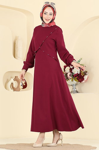 moda selvim Önü Taş Detaylı Dabıl Elbise 24036UKB139 Bordo - Thumbnail