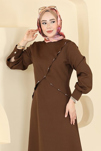moda selvim Önü Taş Detaylı Dabıl Elbise 24036UKB139 Kahve - Thumbnail