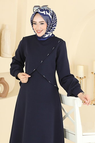 moda selvim Önü Taş Detaylı Dabıl Elbise 24036UKB139 Laci - Thumbnail