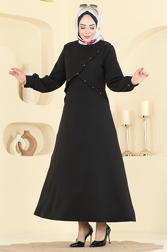 moda selvim Önü Taş Detaylı Dabıl Elbise 24036UKB139 Siyah - Thumbnail