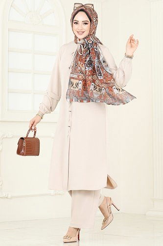 moda selvim Önü Taş Detaylı Modal Kumaş Takım 5287AL357 Taş - Thumbnail