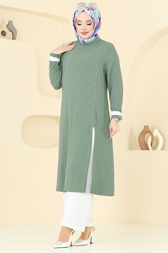 moda selvim Önü Taş Detaylı Tesettür Takım PL9137 Mint&Ekru - Thumbnail