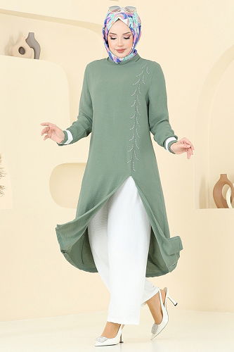 moda selvim Önü Taş Detaylı Tesettür Takım PL9137 Mint&Ekru - Thumbnail