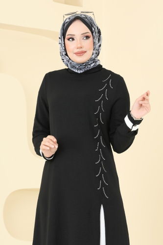 moda selvim Önü Taş Detaylı Tesettür Takım PL9137 Siyah&Ekru - Thumbnail