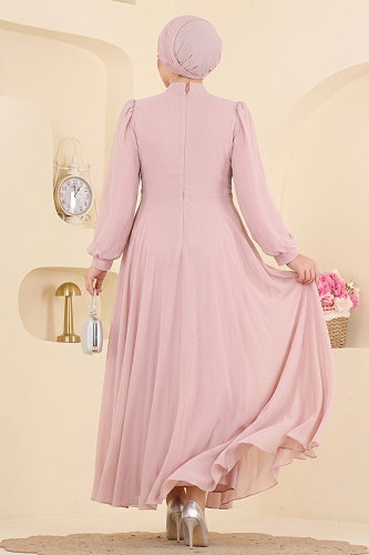 moda selvim Önü Taş Ve Büzgü Detaylı Abiye 5768DMNK1166 Pudra - Thumbnail