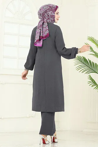 moda selvim Önü Taşlı Bağcıklı Takım 2719SL432 Antrasit - Thumbnail