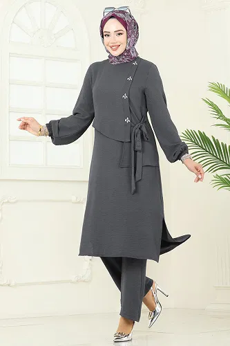 moda selvim Önü Taşlı Bağcıklı Takım 2719SL432 Antrasit - Thumbnail