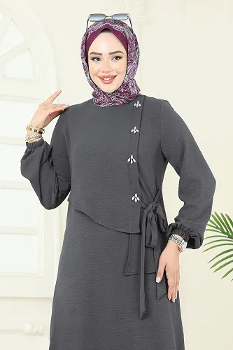 moda selvim Önü Taşlı Bağcıklı Takım 2719SL432 Antrasit - Thumbnail