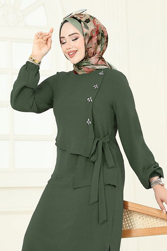 moda selvim Önü Taşlı Bağcıklı Takım 2719SL432 Haki - Thumbnail