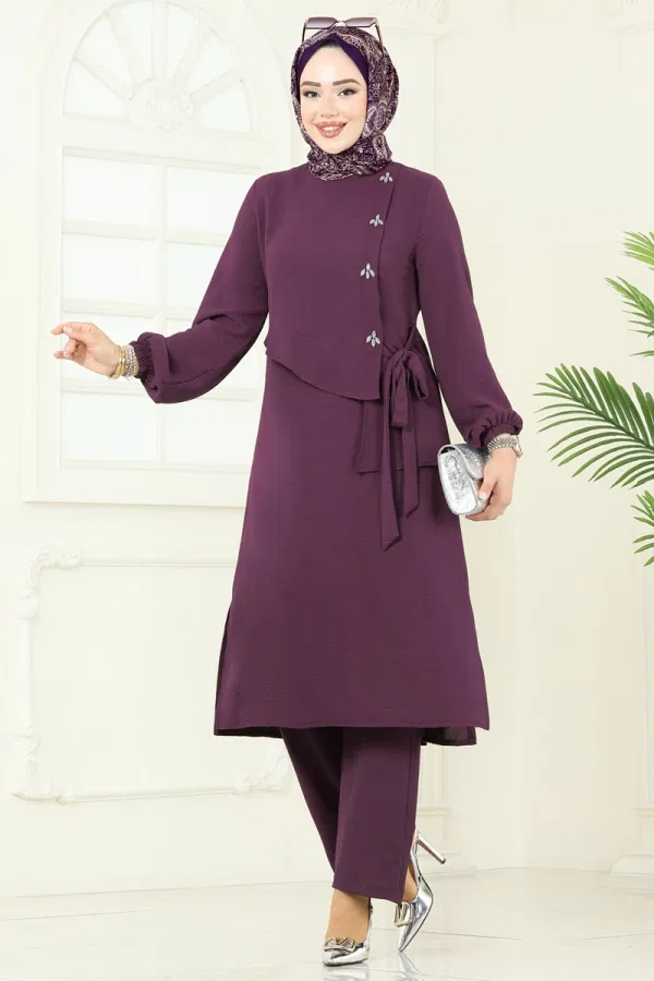 Modaselvim Kombin Önü Taşlı Bağcıklı Takım 2719SL432 Mürdüm