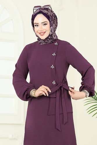 moda selvim Önü Taşlı Bağcıklı Takım 2719SL432 Mürdüm - Thumbnail